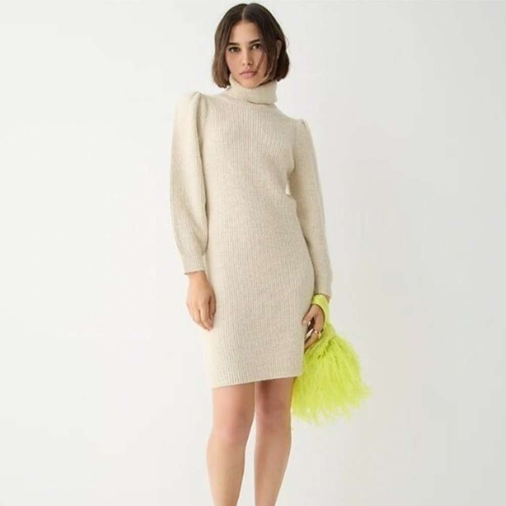 J.Crew Puff Sleeve Ivory Turtleneck Sweater Dress Cozy Old Money NWT L
